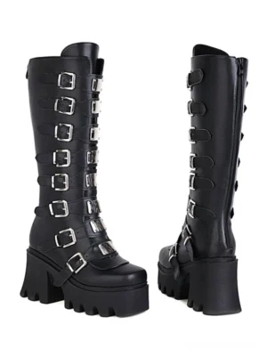 Black platform mid-calf lolita boots with multi-row silver buckles and side zipper, front and side view showcasing chunky lug sole and round toe silhouette
