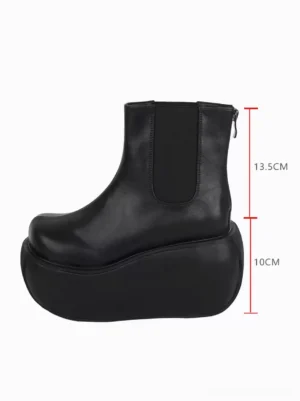 Black PU lolita chelsea platform boots left side profile view with rear zipper and height measurement indicators