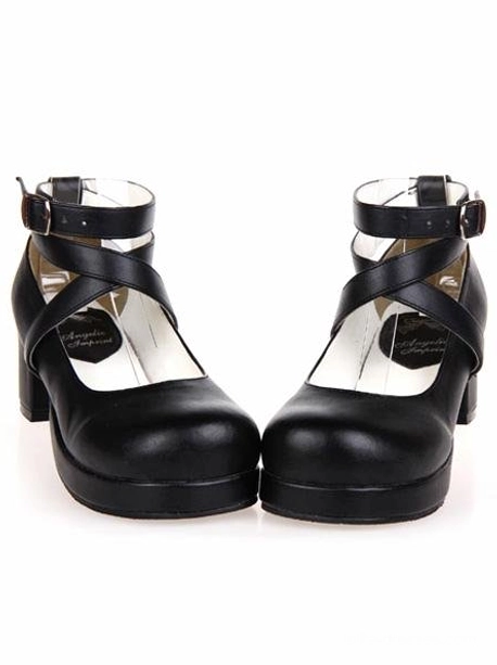 Black platform lolita heels with rounded toe and chunky heel, front view showcasing matte PU leather and cross ankle straps, classic lolita shoes