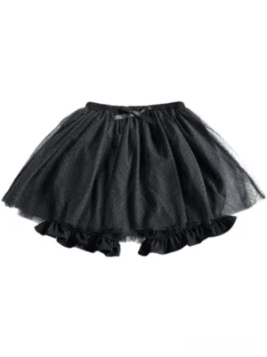 Black lolita bloomer shorts flat lay front view featuring delicate waist bow polka dot tulle layer and ruffled leg hems on white background