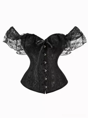 Black overbust lace-up corset with printed lace details and V-neckline front view flat lay