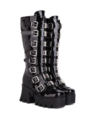 Black PU leather platform Lolita boots front three-quarter view showing multiple silver buckle straps and glossy finish with chunky block heel