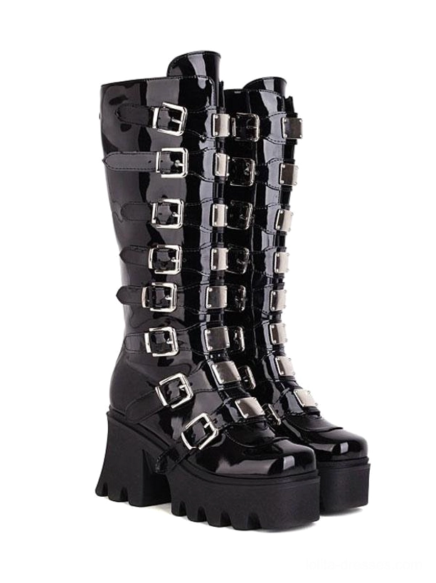 Black PU leather platform Lolita boots front three-quarter view showing multiple silver buckle straps and glossy finish with chunky block heel