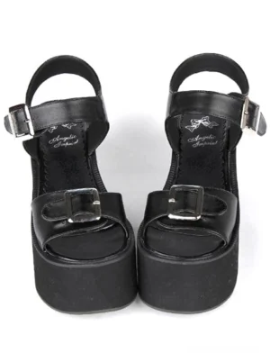 Black PU leather Lolita platform sandals front flat view showing silver square buckles and round open toe design