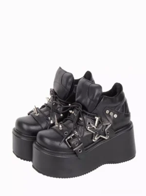 Black punk gothic lolita platform wedge pumps with silver star buckle and spike details front paired view white background