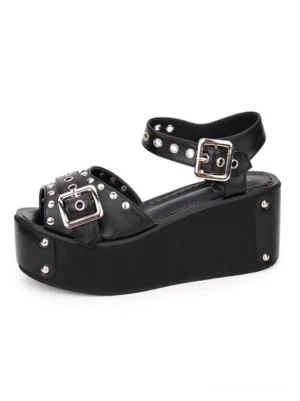 Single black punk lolita platform sandal side three-quarter view displaying thick wedge platform sole dual adjustable buckle straps and metal hardware details