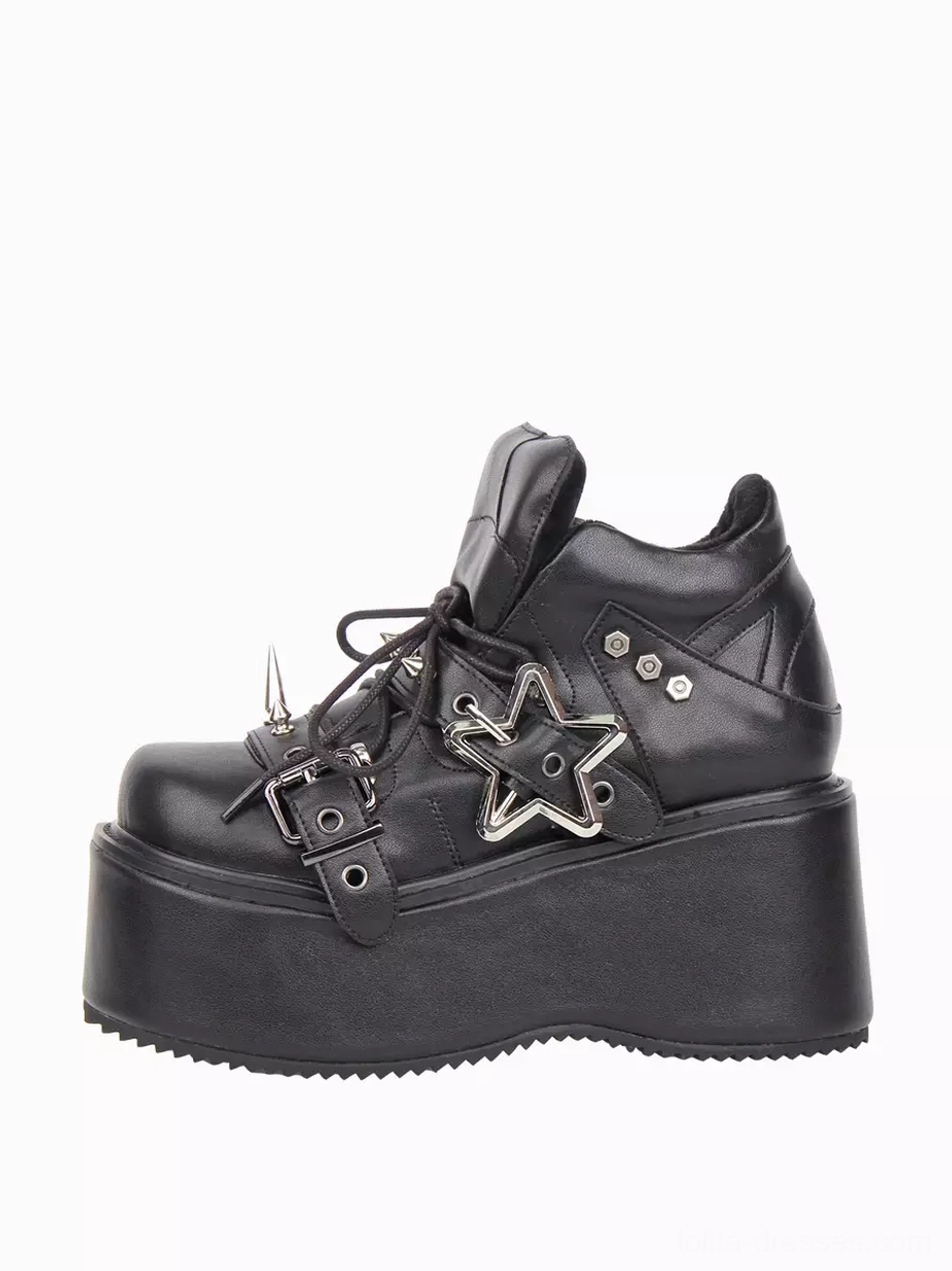 Black punk lolita platform wedge shoe left side view matte PU leather silver star hardware spike studs high platform