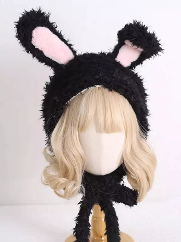 Black fluffy rabbit ear Lolita headdress with pink inner ears and attached black scarf straps front view