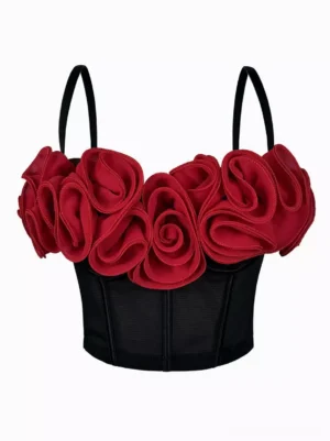 Black and red 3D rose corset crop top front view strapless slim fit gothic lolita bustier