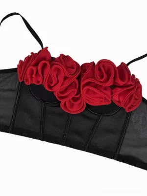 Black and red rose corset top side angle view sheer corset body delicate 3D fabric roses detail