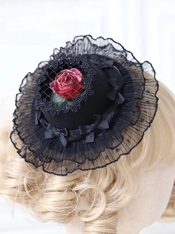 Black rococo lolita mini top hat with red rose red ruffle lace small satin bows mesh veil back view mannequin