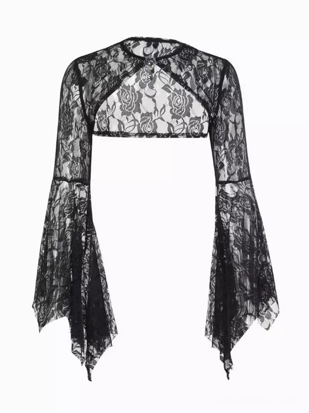 Black lace rose patterned cropped cover-up bolero with irregular flare sleeves and cropped gothic bolero cut flat lay front