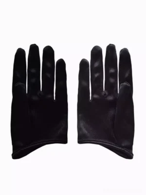 Black formal satin gloves flat lay front view on white background showing smooth finish and solid color perfect for lolita coordinate styling