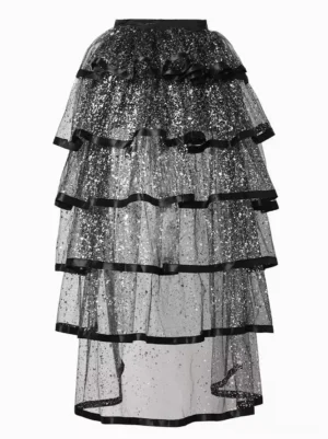 Black tiered tulle train skirt front view showcasing sequined mesh layers and black ribbon trim between tiers detachable Lolita accessory