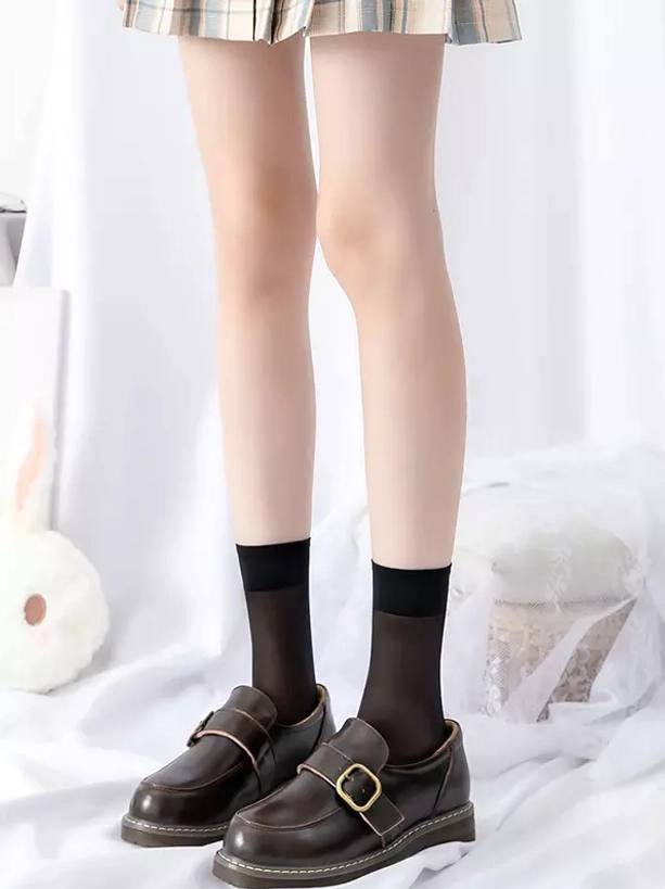 black sheer ankle socks lolita fashion full leg view standing model plaid skirt leather loafers wide cuff design