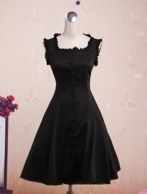 Black square neck lolita jumper skirt front view with lace trim and A-line silhouette classic lolita fashion