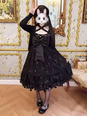 Sweet lolita dress styled with black knit cardigan, star print skirt details, layered lace trim hem, criss-cross neckline design