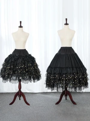 Black star print Lolita petticoat front view showing multiple ruffled tiers with gold star pattern tulle and tassel lace hem trim