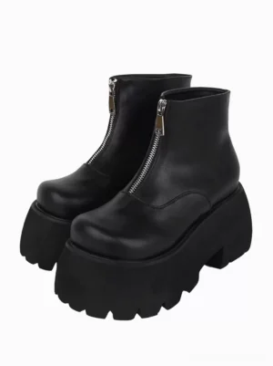 Black gothic steampunk platform ankle boots with silver metal front zipper details and chunky lug sole front three-quarter view lolita footwear