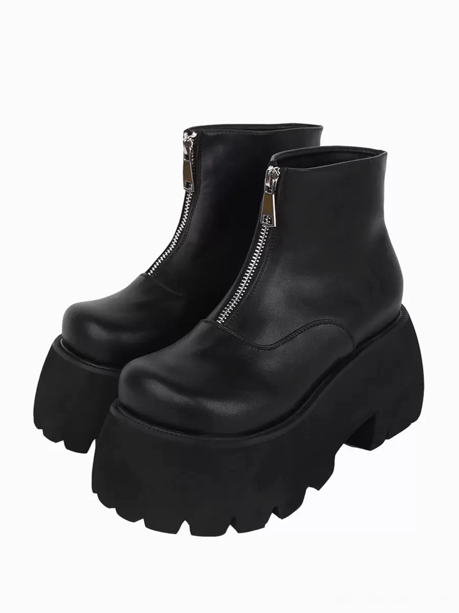 Black gothic steampunk platform ankle boots with silver metal front zipper details and chunky lug sole front three-quarter view lolita footwear