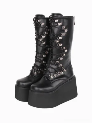 Black steampunk lolita platform boots front three-quarter paired view with round toe silver metal eyelets and thick flatform sole