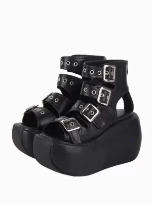 Black steampunk lolita platform sandals front three-quarter view featuring multi-buckle straps, silver grommet eyelets, metallic PU leather, chunky wedge sole, and peep toe design