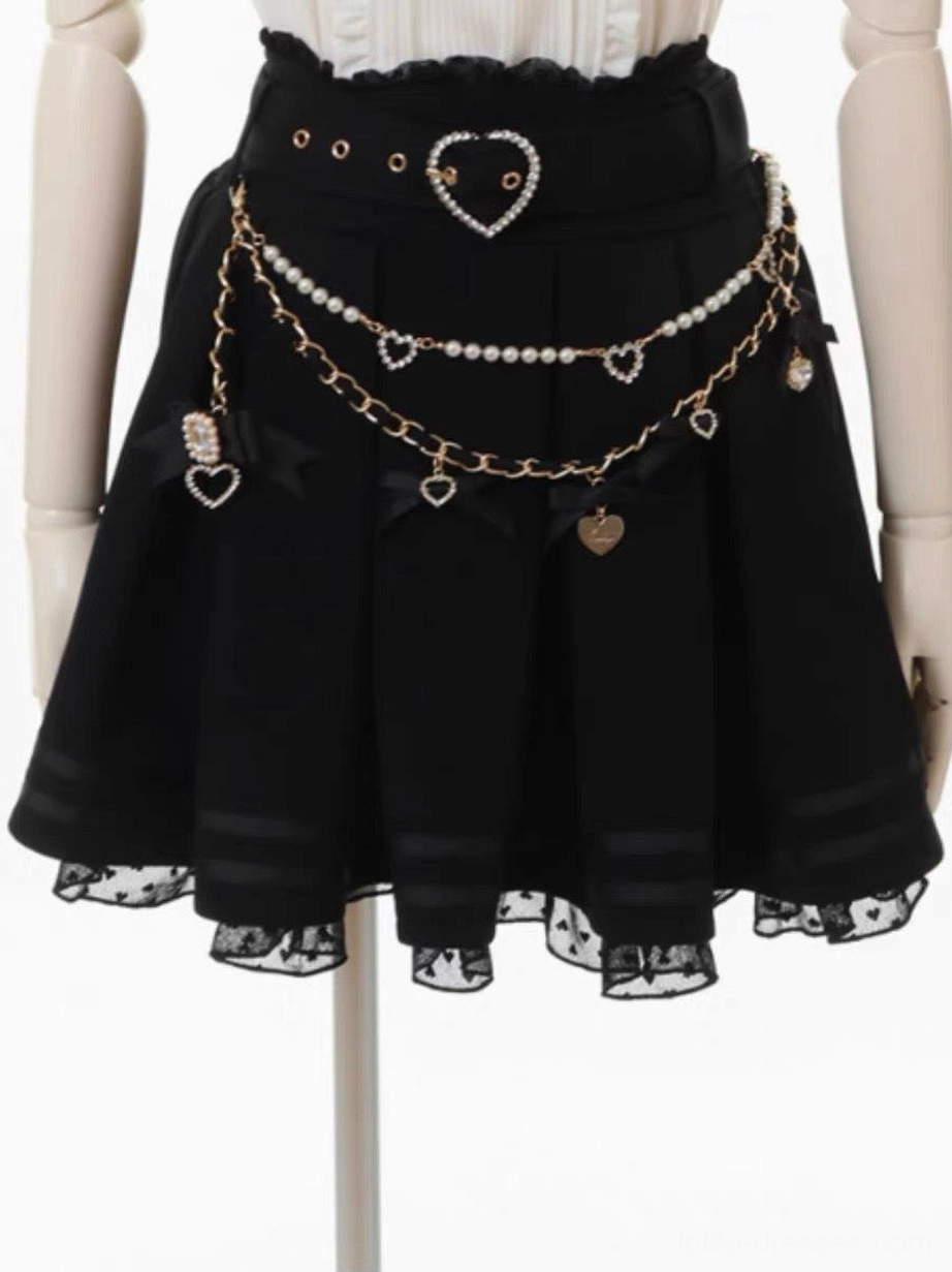 Black steampunk gothic lolita pleated skirt with heart belt buckle, multi-layer chain and heart charm accessories, polka dot lace hem, front mannequin view