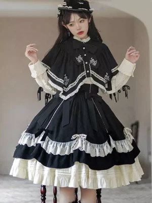 Black Gothic Steampunk Lolita skirt with white lace ruffles and bows - front full-body outfit shot