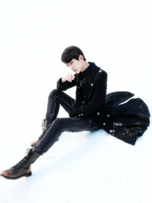 Black steampunk Ouji lolita overcoat side overhead angle flared hem metal buttons fitted silhouette