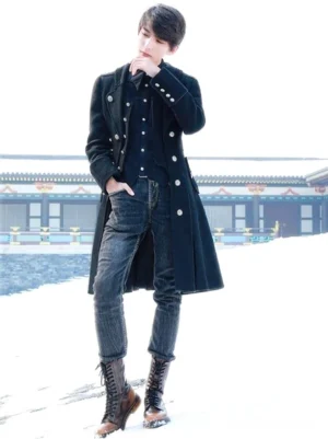 Black steampunk Ouji lolita long overcoat front view double-breasted metal buttons male model snowfield