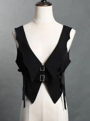 Black steampunk Ouji Lolita sleeveless waistcoat front view, showing peaked lapels and dual metal square buckles on studio dress mannequin