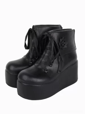 Black gothic steampunk platform lolita boots with gear applique and ribbon shoelaces - left oblique three-quarter view showcasing matte PU leather and chunky sole