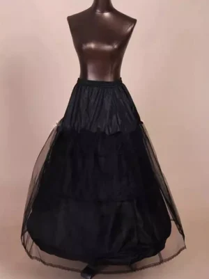 Black lolita petticoat underskirt with steel bone hoops front view on mannequin showing a-line silhouette with sheer tulle fabric and lace hem trim