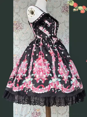 Black strawberry print lolita dress right side angle showing square neckline lace trim and pink vintage prints