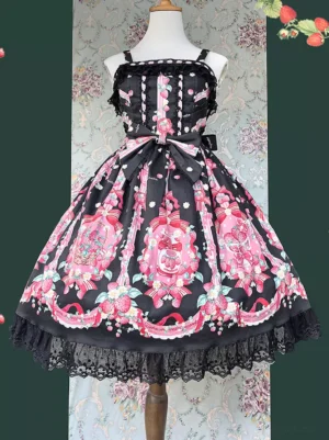 Black strawberry sweet lolita JSK dress sleeveless front view with pink floral prints and black lace hem bow detail