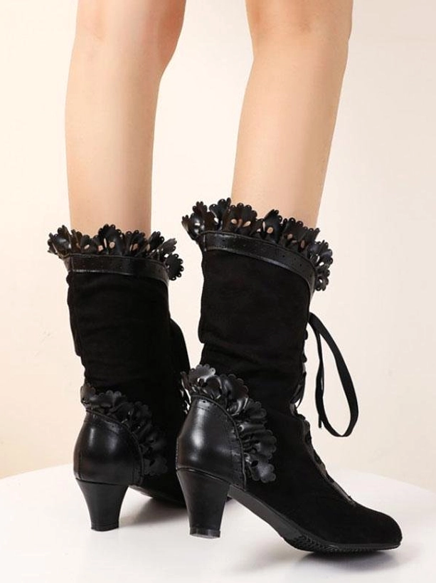 Black suede lolita boots with ruffled lace cuff side ruffle trim lace-up tie and kitten heel front view