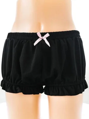 Black sweet lolita bloomers with ruffled hem and pink front bow detail, shown on mannequin torso with elastic waistband and voluminous leg ruffles