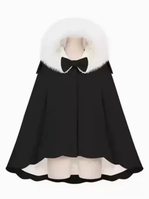 Black Sweet Lolita cape overcoat with white fuzzy hood trim, black bow decoration, and scalloped ruffled hem - front flat lay view