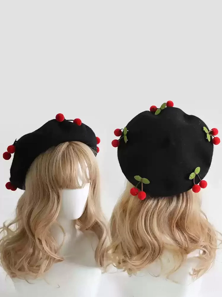 Black Sweet Lolita cherry beret hat with red cherry ornaments, front and back presentation