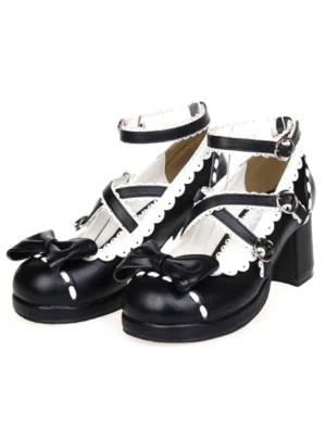 Black sweet lolita platform chunky heel shoes with scalloped collar trim and dual buckle ankle strap - front paired view