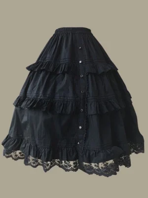 Black sweet lolita cotton skirt featuring layered ruffles decorative front buttons and delicate lace trim hemline
