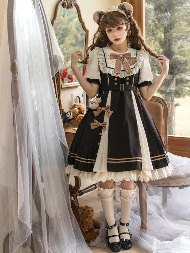 Sweet Lolita dress mirror reflection shot displaying belted waist, white stockings and Mary Jane shoes in vintage room with sheer curtain