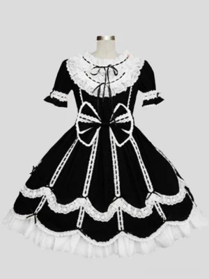 Black sweet lolita short sleeve dress front view flat lay with lace collar bow and tiered ruffles