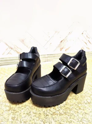 Black sweet lolita mary jane platform shoes with dual silver buckles three-quarter side view chunky heel design