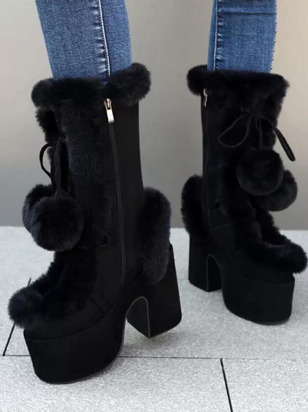 black mid-calf lolita platform boots front view black fuzzy fur pom-pom bows chunky platform heel