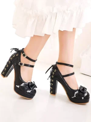 Black sweet lolita platform pumps side view with white ruffled skirt, featuring bow toe embellishment and lace-up chunky block heel design