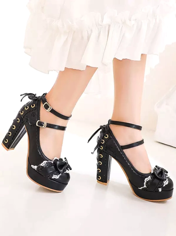 Black sweet lolita platform pumps side view with white ruffled skirt, featuring bow toe embellishment and lace-up chunky block heel design