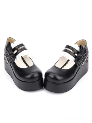 Black sweet lolita platform shoes with ruffled white trim and square bow buckle flat lay paired view