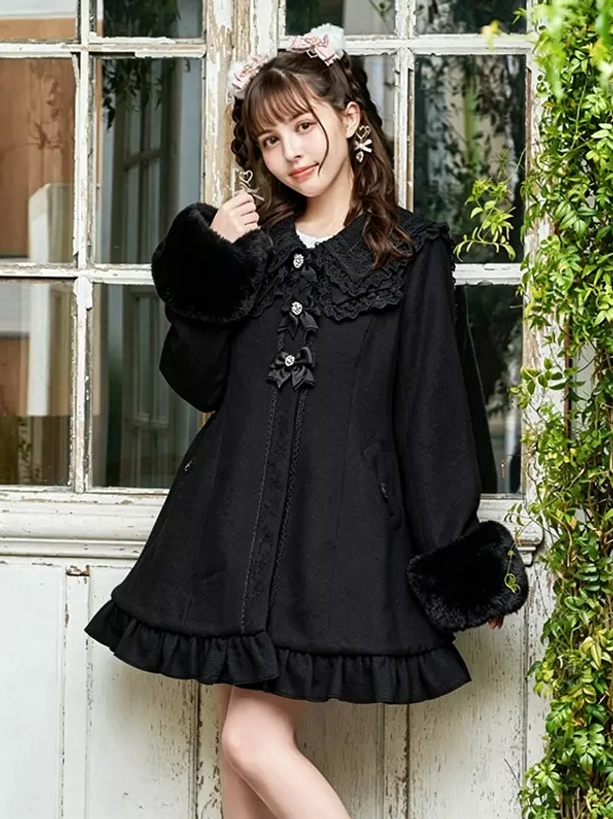 Black sweet lolita princess wool coat with sailor collar and faux fur cuffs front three-quarter model view elegant gothic-sweet