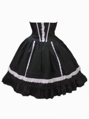 black-sweet-lolita-skirt-front-view-two-tone-cotton-layered-ruffles-lace-trim-strapless-corset-style